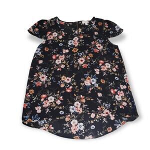 C Black Floral Print Short Sleeve Open Pit Blouse Shirt - Size Medium